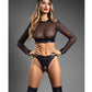 Domina Sheer Mesh & Vegan Leather 2 pc Set w/Crotchless Thong & Gold Restraint Clasps - Black S/M