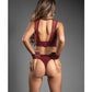 Domina Sheer Mesh & Vegan Leather 3 pc Set w/Crotchless Panty & Handcuffs - Burgundy S/M