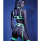 Glow Black Light Embroidered Harness Bra, Leg Garterbelt & G-String Neon Chartreuse M/L