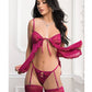 Ruffled Lace and Mesh Babydoll w/Thong, Garters & Stockings - Raspberry O/S