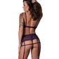 Leather & Lace Stretch Mesh and Lace Bralette w/Garter & Thong 3 pc Set - Plum S/M