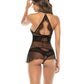 Lace Long Line Underwire Bra w/Removable Skirt & Thong Panty Black L/XL