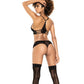 Lace Underwire Bra, Thong & Garterbelt w/Lace Up Detail Black M/L