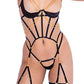Caged Temptress Satin & Tulle Bustier w/Draped Chain Detail & Thong Black SM