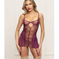 Metallic Lace with Mesh Gartered Chemise & Thong - Plum SM